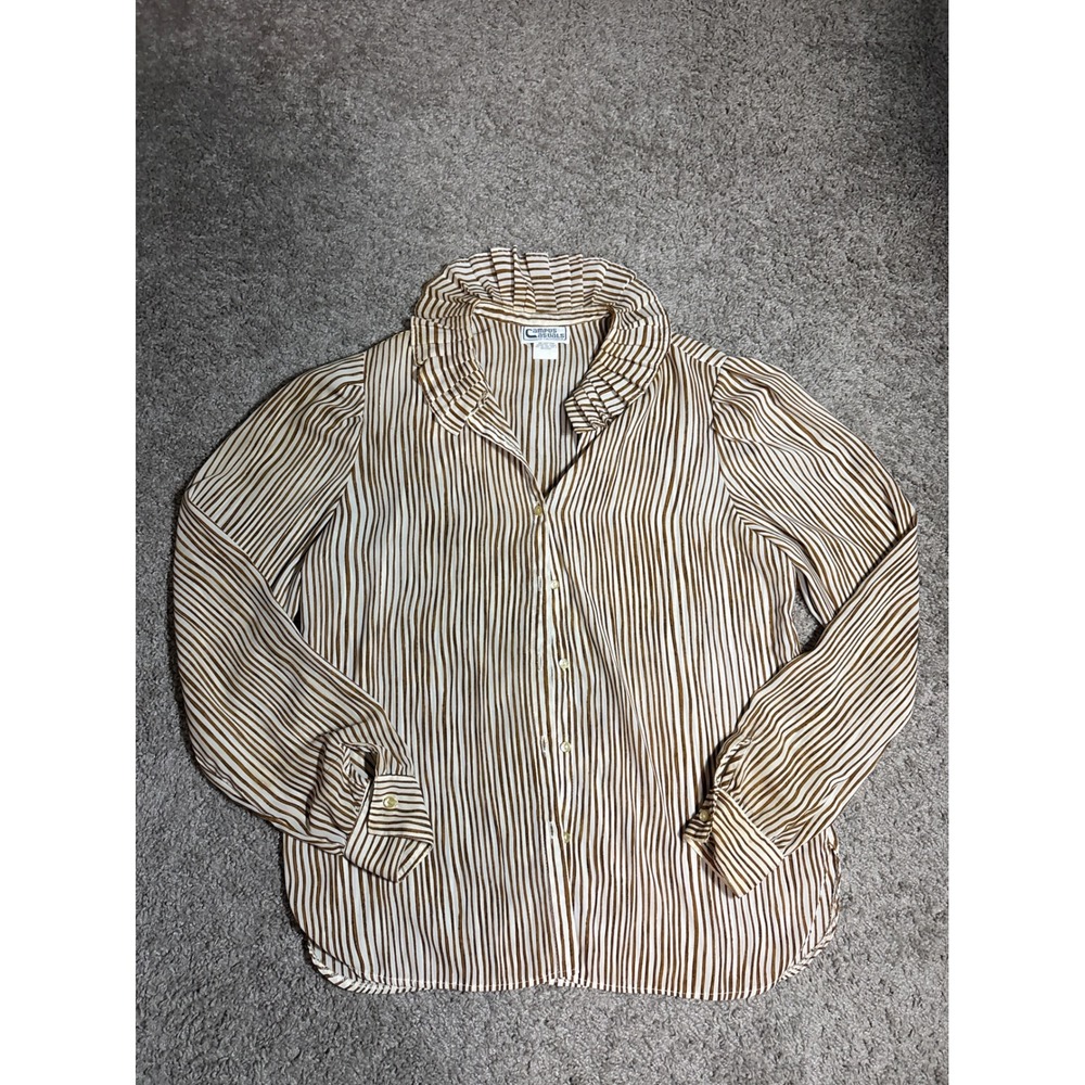 Vintage Campus Casuals Brown White Striped Ruffle Collar Blouse Button Up Top
